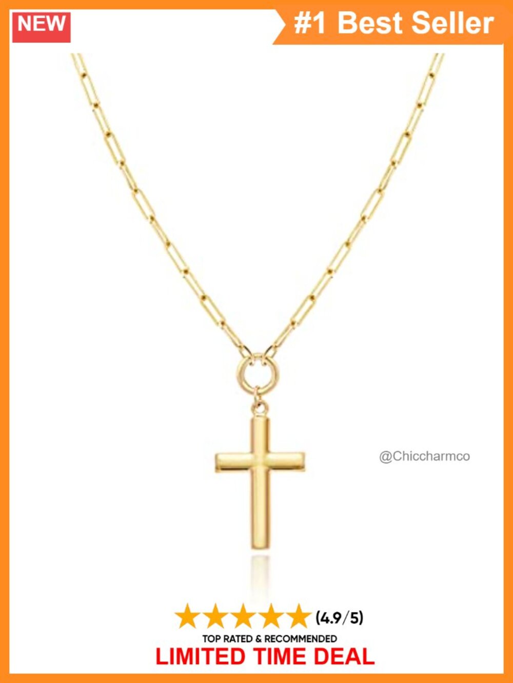 14K Gold Filled Cross Pendant Necklace Adjustable Clip Chain Women